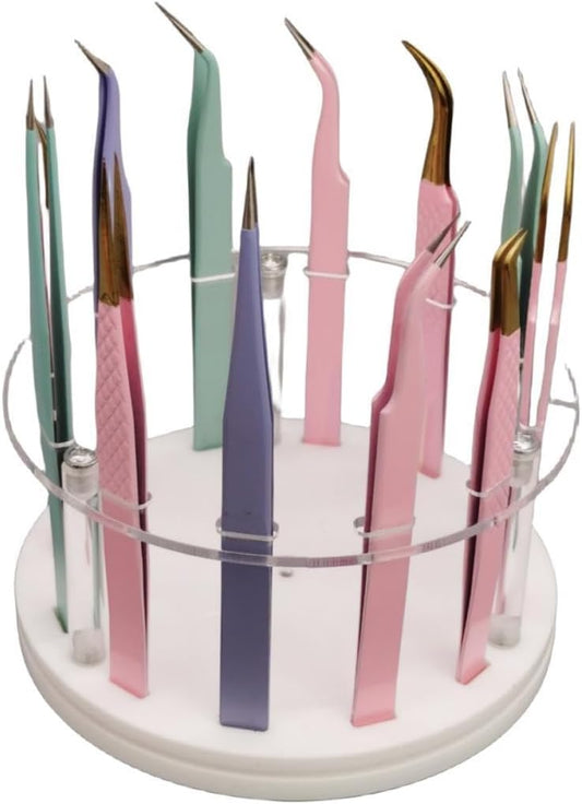 12 Holes Acrylic Rotatable Tweezers Holder, Eyelash Makeup Grafting Tweezer Display Stand Extensions Organizer Training Rack Beauty Tools (White)