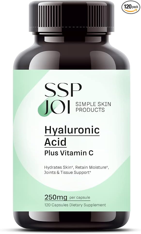 Hyaluronic Acid 250mg with 50mg Vitamin C per Capsule - 120 Veggie Capsules - Supports Skin Hydration, Youthful Skin, Joints Lubrication