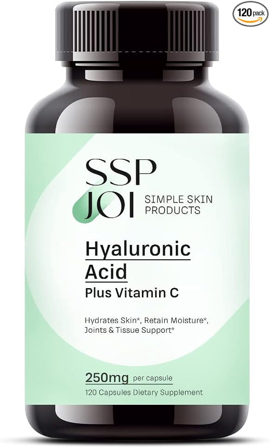 Hyaluronic Acid 250mg with 50mg Vitamin C per Capsule - 120 Veggie Capsules - Supports Skin Hydration, Youthful Skin, Joints Lubrication