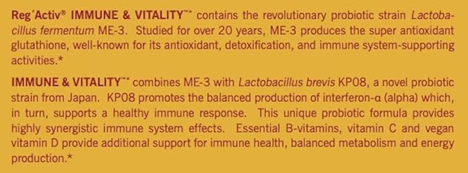 Reg'Activ Immune & Vitality with Lactobacillus ME-3, brevis KP08, Vegan D3 and (B1, B2, B2, B3 B3 and B6) Essential