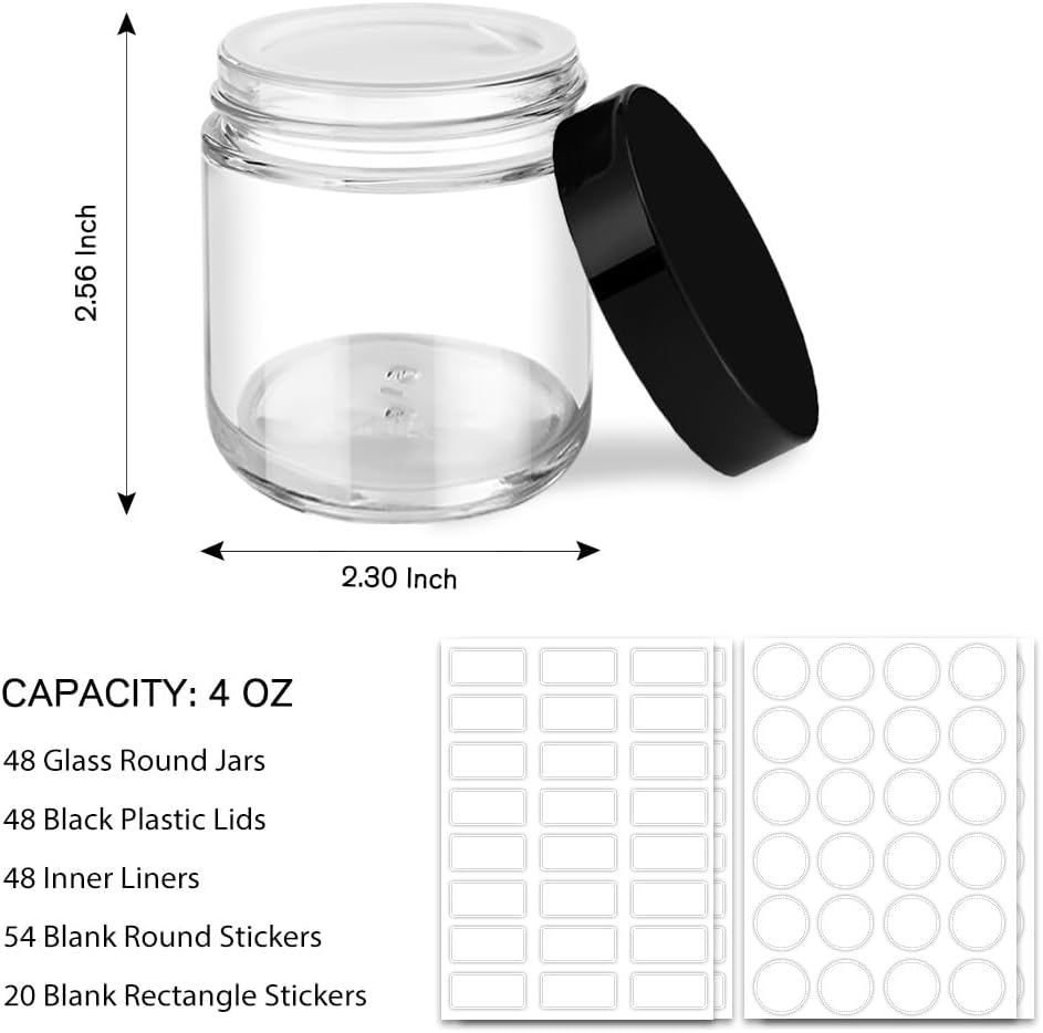 Tecohouse 4 oz Glass Jars with Lids, 48 Pack Clear Cream Canning Mason Jars with Lids, White Labels & Inner Liners, Empty Airtight Round Clear Slime Containers for Spice, Lotion, Ointments