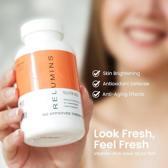 Relumins Gluta 500 - Chewable/Sublime Wall Glutathione Complex with Advanced Skin Nutrition - Hyaluronic Acid, VIT C, Biotin Plus 4 Powerful Actives - Fruit Punch Flavored - 60CT
