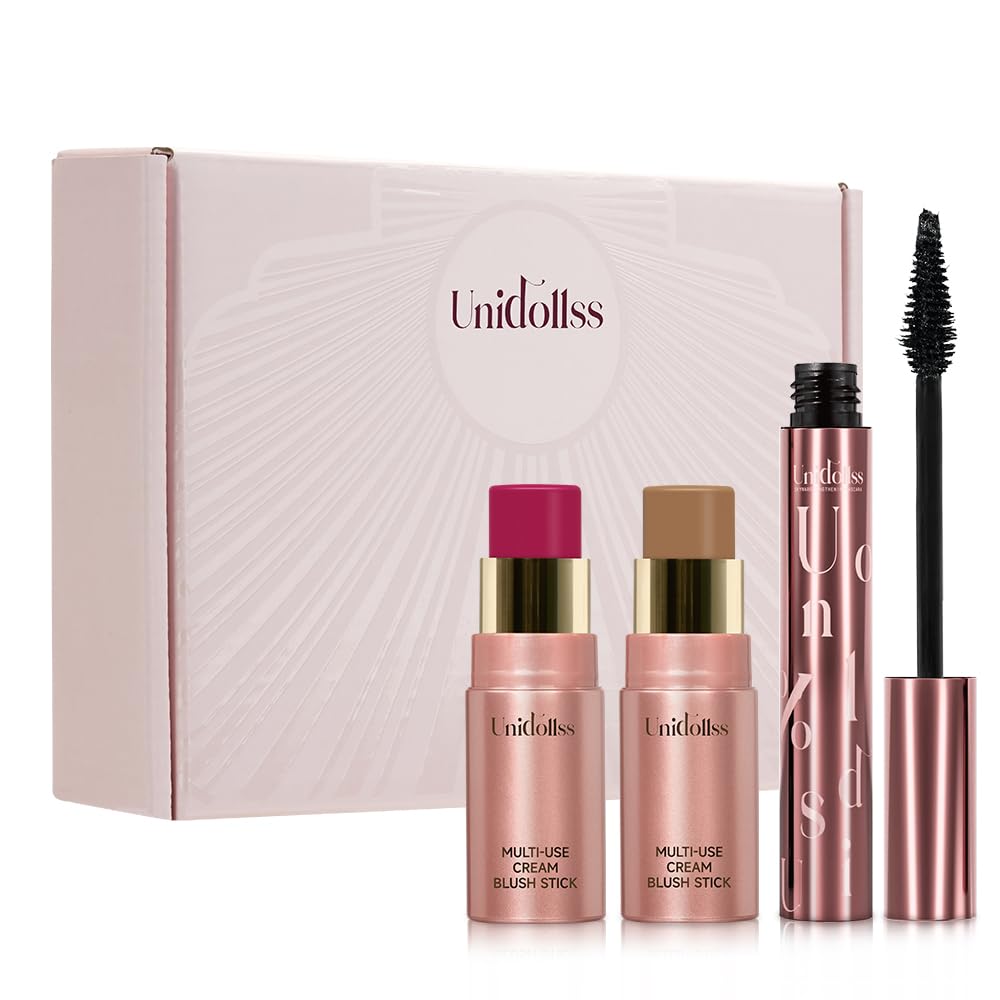 3 Pcs Unidollssbeauty Tubing Mascara and Blush Stick Set, Volume and Length Black Mascara Lengthening Long Lasting All Day, Washable Voluminous Tubing with a Random Accessory Included(04,05)