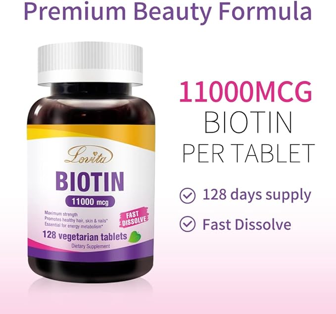 Lovita Maximum Strength 11,000mcg Biotin: Fast-Dissolving, Vegetarian Tablets - Easily Absorbed, Gluten & Dairy-Free, 128 Vegan-Friendly Tablets (Pack of 3)