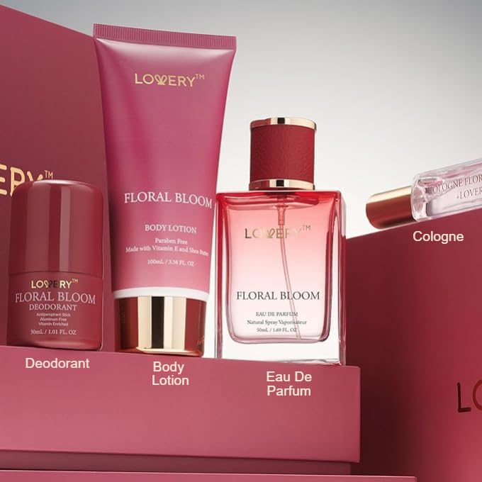 Womens Gifts, Floral Bloom Perfume Set 4 in 1 Womens Perfume & Deodorant, Eau de Parfum Fragrance Sets - Perfumes for Women Gift Set with Antiperspirant Stick, Body Lotion & Mini Perfume