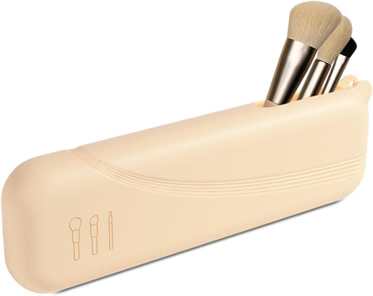 Silicone Makeup Brush holder,Large Travel Makeup Brush Case with Half-open Snap Design, Anti-fall Out Travel Bag,Portable and Eco-Friendly Beauty Cosmetic Organizer (Beige*1)