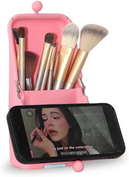 silicone makeup brush holder,waterproof soft and sleek portable travel cosmetic bag,standing makeup bag,pink