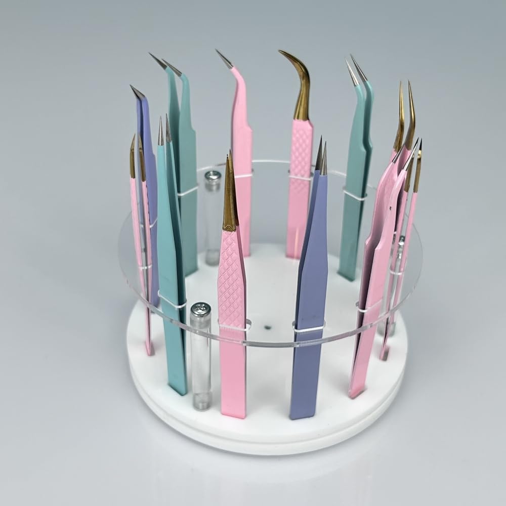 12 Holes Rotatable Acrylic Tweezers Holder, Grafting Eyelash Makeup Tweezer Stand Display Extensions Organizer Individual Training Tools (White)