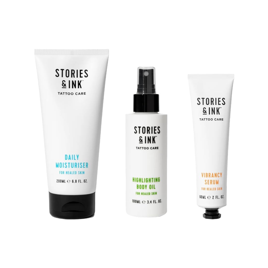 Stories & Ink Tattoo Care | THE ORIGINALS PACK | Fade-Fighting Regimen (Daily Moisturizer + Hydrating Body Oil + Vibrancy Serum) | Completely Hydrates, Highlights and Defines your Ink