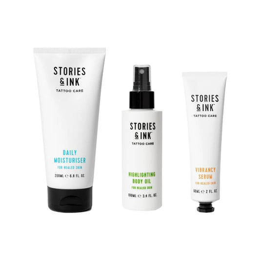 Stories & Ink Tattoo Care | THE ORIGINALS PACK | Fade-Fighting Regimen (Daily Moisturizer + Hydrating Body Oil + Vibrancy Serum) | Completely Hydrates, Highlights and Defines your Ink