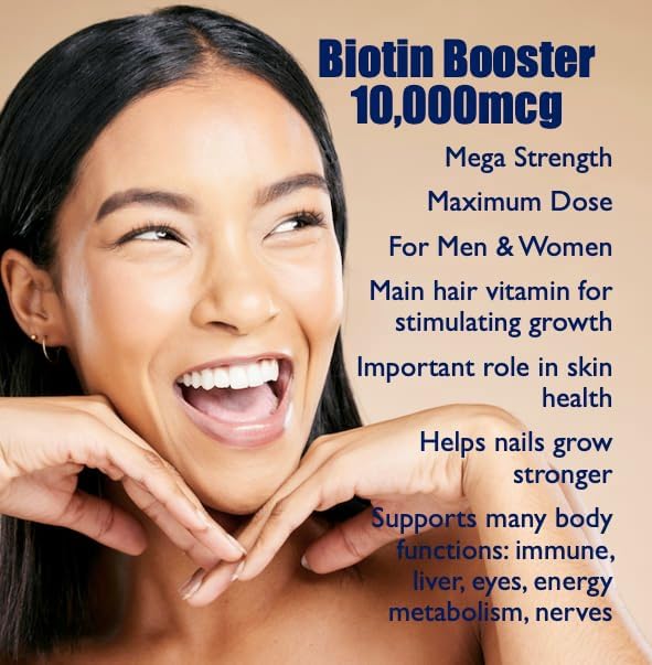 Biotin 10,000 mcg Hair Growth Booster Vitamins for Longer, Stronger, Healthier Hair & Nail, 90 Caps (3-Month Supply)