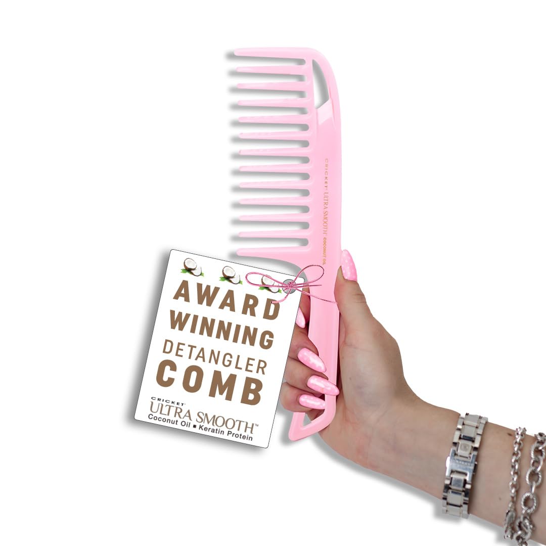 Cricket Ultra Smooth Coconut Detangler Comb - Infused with Coconut Oil & Keratin for Frizz-Free Shine, Gentle on Wet & Dry Hair, Extended Handle for Thick & Curly Hair - Pink