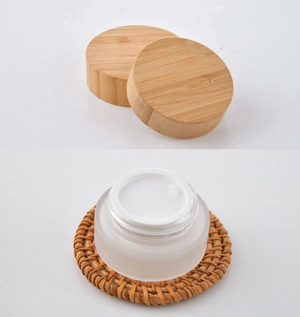 1 Pcs 100G 100ML Empty Translucent Frosted Glass Round Cream Jar Cosmetic Storage Container Toiletries Bottle with Natural Bamboo Lid Inner Liner and for Body Cream Lotion Conditioner etc