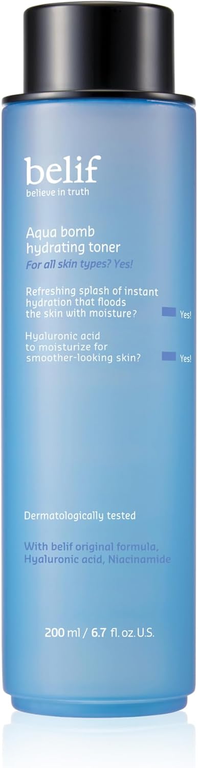 belif Niacinamide Hydrating Toner – Aqua Bomb Lightweight Cooling Toner with Hyaluronic Acid, Soothing and Balancing Formula, Skin Barrier Repair and Radiant Skin, Korean Skincare, 5.07 fl oz