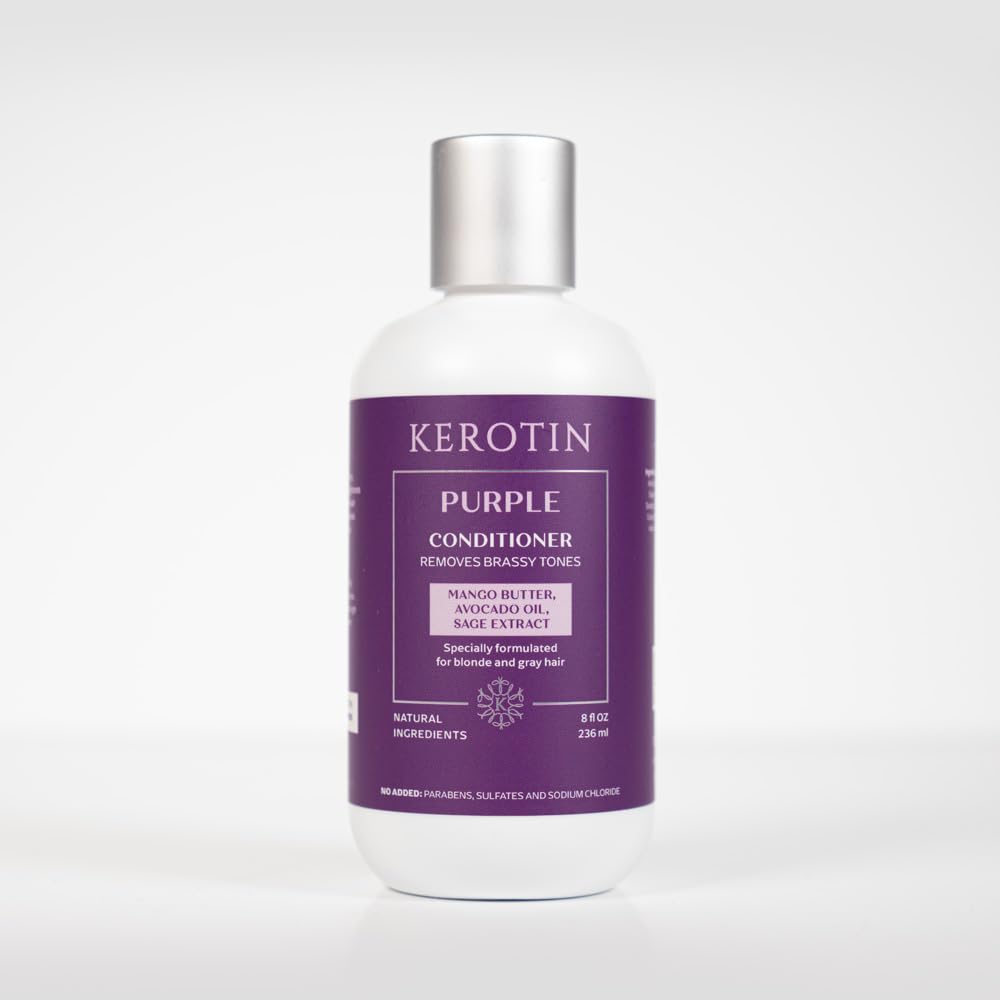 Kerotin Purple Shampoo and Conditioner Set for blond, silver, white, gray hair, and highlights. Removes brassy and yellow tones. Adds shine and moisture. Free of sulfates, parabens, sodium chloride, and silicones. Made in the USA.
