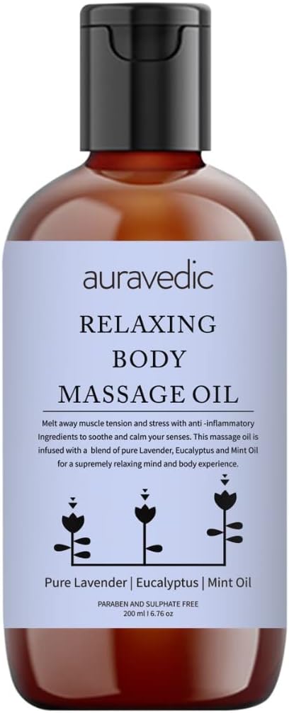 Relaxing Body Massage Oil | Infused with Lavender, Peppermint & Eucalyptus Oil | Soothes Sore Muscles & Nourishes Skin | Lightweight, Non-Sticky & Fast-Absorbing | 6.76 Fl Oz (200ml)