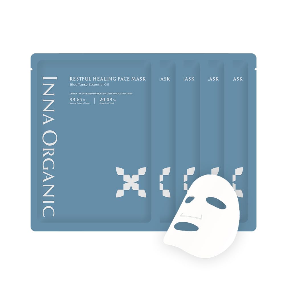 INNA ORGANIC Sheet Mask - Sleep Well Glow, Overnight Renewal, Restful Healing, Sustainable & Clean Beauty (Pack of 5) | Blue Tansy Essential Oils Infused Skin Care | Luxury Clean Beauty