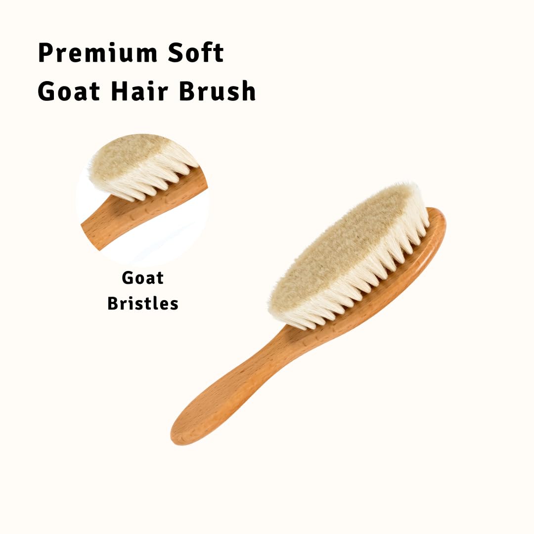 Baby Hair Brush - Ultra Soft Goat Bristles - Wooden Cradle Cap Brush for Newborns, Infants, Toddlers - Gentle Scalp Grooming and Styling for Baby Girls and Boys