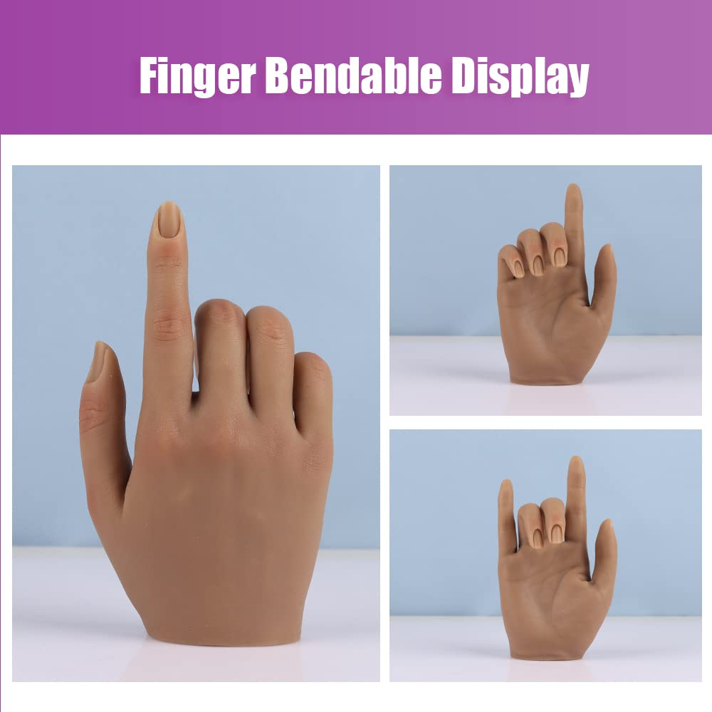 Nail Hand Practice Silicone Female Mannequin Life Size Hand as Sketch Nail Practice Hands Jewelry Ring Glove Watch Display with Nail 18cm (Right hand, Light brown)