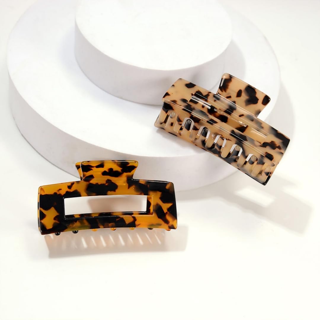 Hair Claw Clips Cutout Tortoise Shell Celluloid Hair Jaw Clips 3 Inches French Design Rectangle Hair Clamp for Women Ladies Mother (2 Pack)