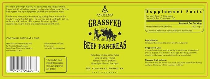 Ancestral Supplements Grass Fed Beef Pancreas Supplement, 500mg, Pancreatic Support with Proteolytic Digestive Enzymes for Digestion Support, Including Trypsin, Non GMO, 180 Capsules