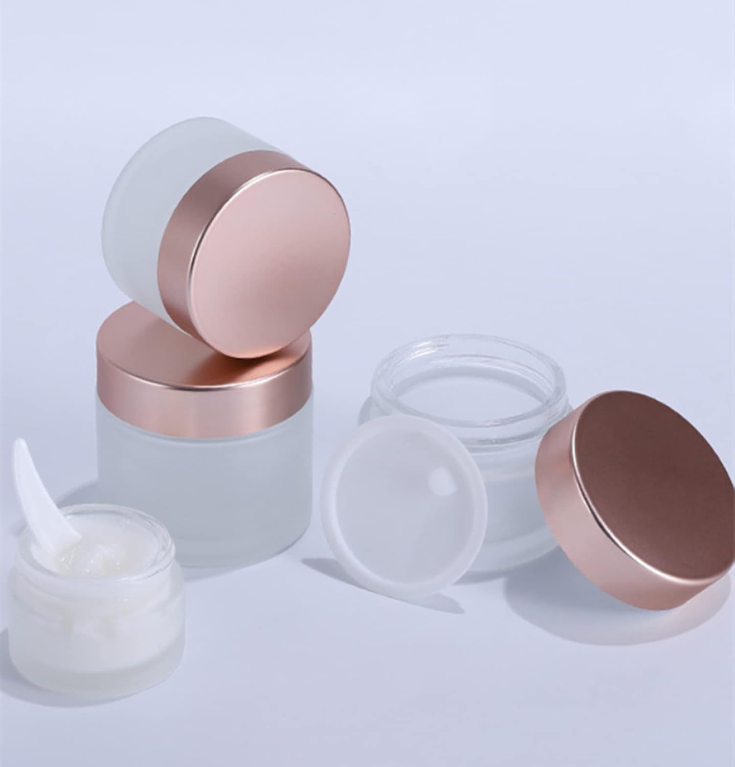 10 Pcs 15 Gram/15ml Empty Jars Clear Frosted Glass Cream Jar Pot Bottles with Rose Gold Lids Cosmetic Container Refillable Glass Eye Cream Jar Pot for Face Lotion Eyeshadow Lip Balms