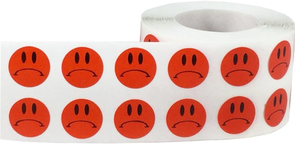 1/2" Inch Small Red Semi-Gloss Sad Face Labels, 1,000 Total Adhesive Stickers on a Roll, Perfect for Kids Classroom Incentives, Motivational Chart Use
