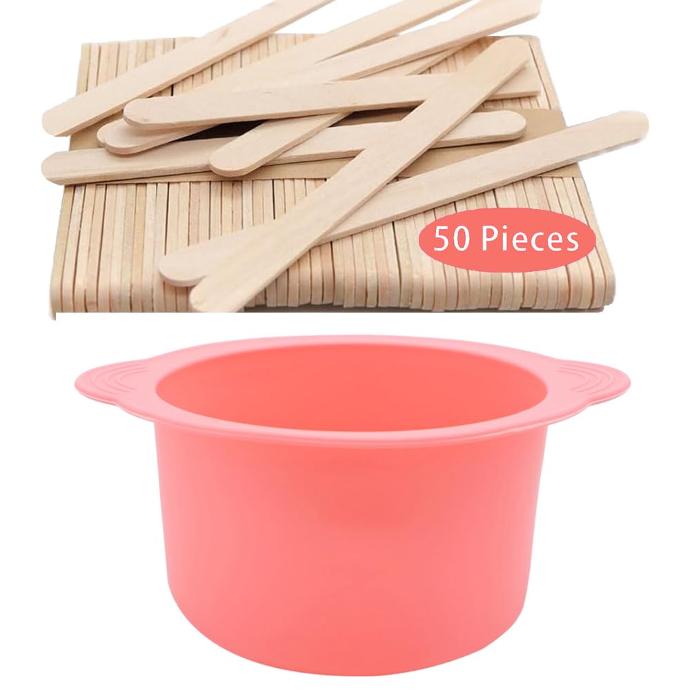 Silicone Wax pot Liner, Silicone Wax Bowl Warmer liner, Non-Stick Melt Pot Replacement, Reusable Melt Liner with 50 Pcs Waxing Sticks Body Hair Removal 14 oz Pink
