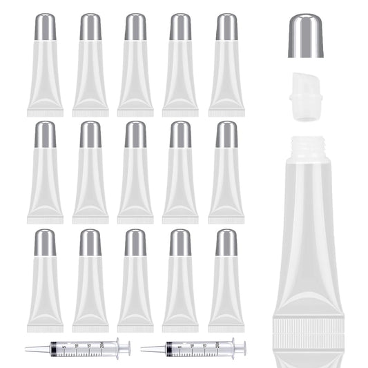 AMORIX 50pcs Matte Silver Lip Gloss Tubes 10ml Empty Cosmetic Squeeze Tubes for Lip Gloss Base Glitter with 2 x Syringes + 28pcs Tag Labels Stickers