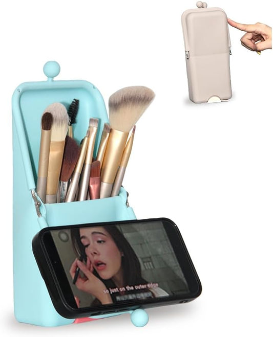 silicone makeup brush holder,waterproof soft and sleek portable travel cosmetic bag,standing makeup bag,blue