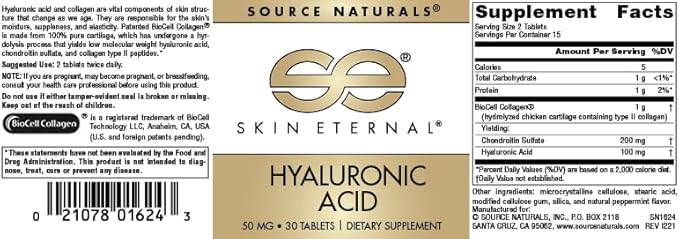 Source Naturals Skin Eternal Hyaluronic Acid, 50mg - 30 Tablets