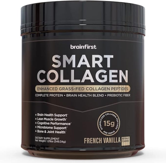 Smart Collagen Protein - Enhanced Grass-Fed, Pasture-Raised Collagen Peptides with Brain Health Blend and Prebiotic Fiber (French Vanilla)
