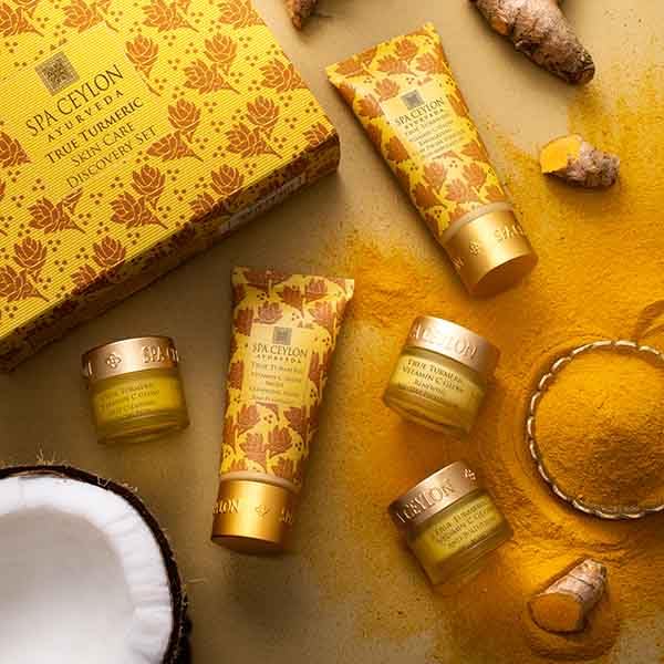 SPA CEYLON True Turmeric Skin Care Discovery Set | Travel Size Face Care Set | Organic Cleanser, Masque, Face Balm & Protector | For Oily Acne-Prone Skin