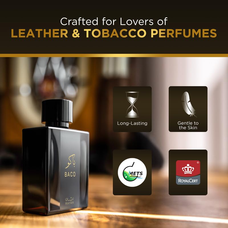 Baco Tobacco & Leather Perfume for Men – Arabian Eau De Parfum, 100mL (3.34 Fl oz) Perfumes Arabes Para Hombres, Bold Men’s Perfume with Vetiver, Patchouli, Saffron & Spices – Ideal Gift for Him