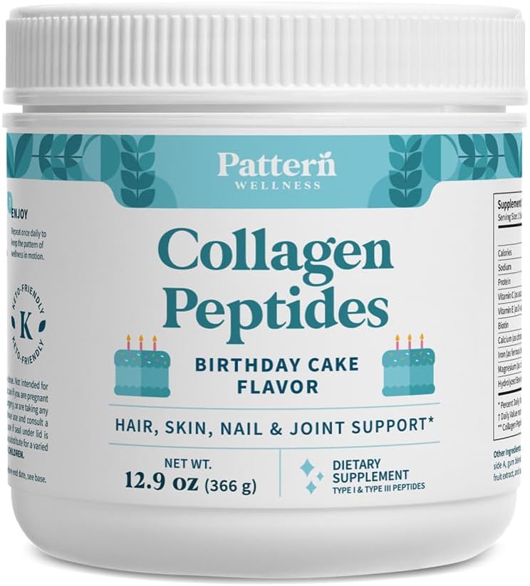 Pattern Wellness Collagen Peptides Powder (Type I & III) - Hair, Nails, Skin & Joint Support - Grass Fed & Pasture-Raised - Hydrolyzed, Non-GMO, Dairy Free, & Keto-Friendly - Birthday Cake (13 Oz)