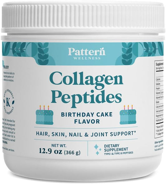 Pattern Wellness Collagen Peptides Powder (Type I & III) - Hair, Nails, Skin & Joint Support - Grass Fed & Pasture-Raised - Hydrolyzed, Non-GMO, Dairy Free, & Keto-Friendly - Birthday Cake (13 Oz)