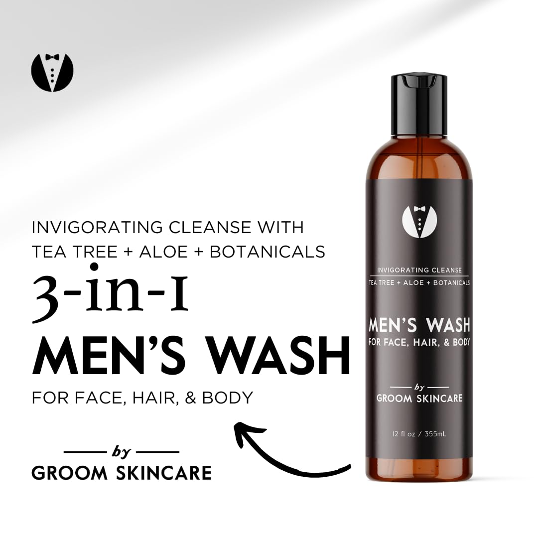 GROOM 3-in-1 Hair, Face & Body Wash for Men | Organic Aloe & Essential Oils | Gentle, Plant-Based Cleanser for Shower, Shave & Skin | Fresh Scent | 12 oz