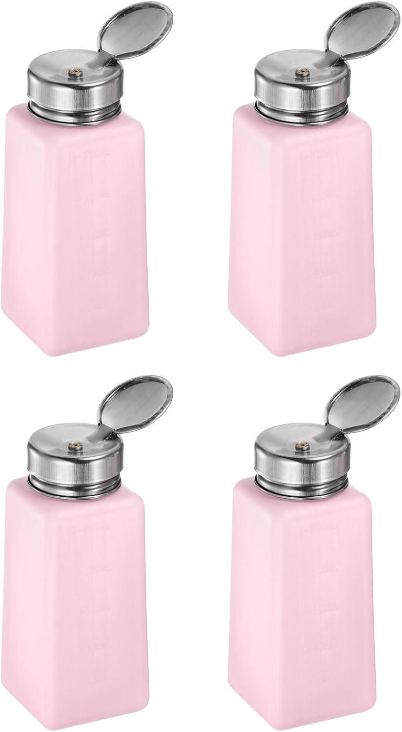 HARFINGTON 4PCS 250ML(8.5oz) Push Down Alcohol Dispenser Pump Liquid Press Empty Bottles Refillable Container for Acetone Cleanser Nail Polish Remover, Pink