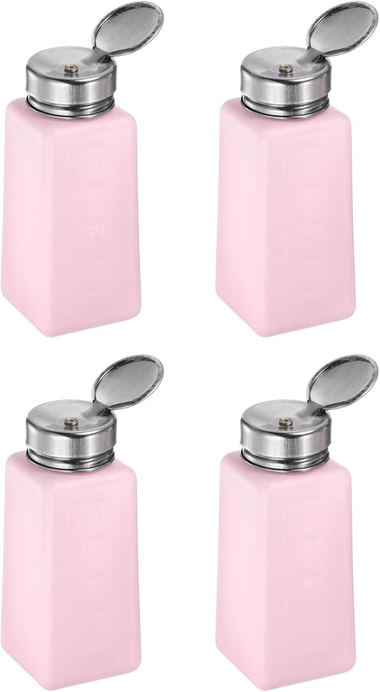 HARFINGTON 4PCS 250ML(8.5oz) Push Down Alcohol Dispenser Pump Liquid Press Empty Bottles Refillable Container for Acetone Cleanser Nail Polish Remover, Pink