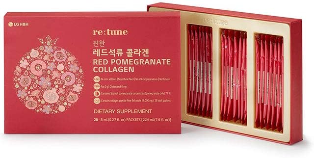 LG H&H re:tune Red Pomegranate Collagen I Liquid Collagen Supplement, Pomegranate Concentrate, Fish Scale Collagen Peptide 500 mg, Red Ginseng Concentrate, Hyaluronic Acid Vitamin C, 28 Packets