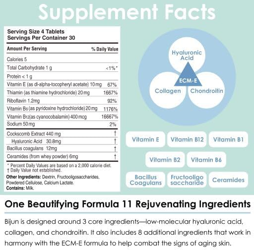 Hyaluronic Bijun Supplement Tablet with Hyaluronic Acid, Collagen, Ceramides, Support Skin Health, 60days(2 Count (Pack of 2))