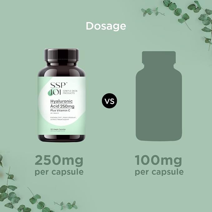Hyaluronic Acid 250mg with 50mg Vitamin C per Capsule - 120 Veggie Capsules - Supports Skin Hydration, Youthful Skin, Joints Lubrication