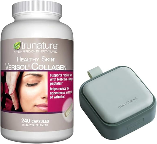 Trunature Healthy Skin Verisol Collagen, 240 Capsules Bundle Pill Oragnizer, Small Cute Pill Container for Medicine, Vitamins, Green
