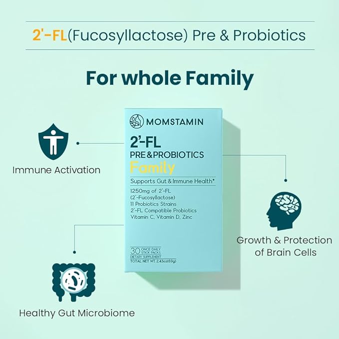 MOMSTAMIN 2'-FL HMO Prebiotics Probiotics Powder, 11 Strains, 30 Sticks