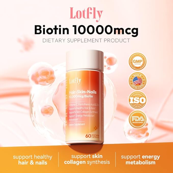 Biotin 10000 mcg with Zinc, Vitamin C & Calcium Pantothenate – Supports Healthy Hair Growth, Strong Nails & Glowing Skin for Women & Men | Made in The USA | 120 Vegan Capsules (4 Months Supply)