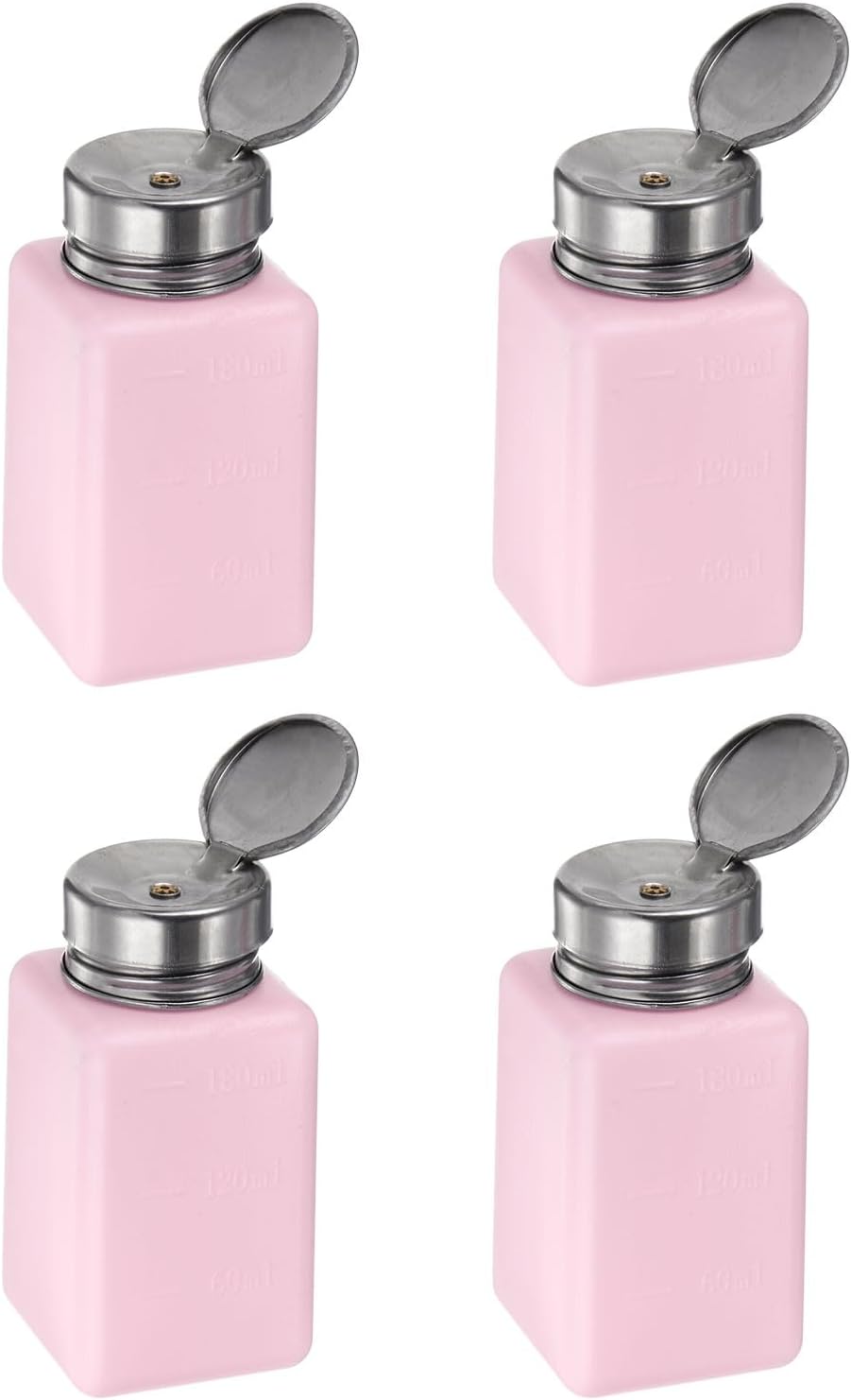 HARFINGTON 4PCS 180ML(6oz) Push Down Alcohol Dispenser Pump Liquid Press Empty Bottles Refillable Container for Acetone Cleanser Nail Polish Remover, Pink