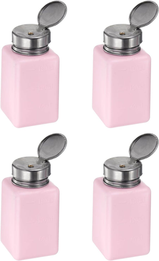HARFINGTON 4PCS 180ML(6oz) Push Down Alcohol Dispenser Pump Liquid Press Empty Bottles Refillable Container for Acetone Cleanser Nail Polish Remover, Pink
