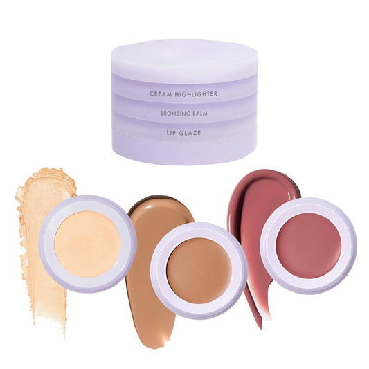 Subtl Beauty 3-in-1 Makeup Stack – Cream Bronzer, Powder Highlighter & Lip Glaze for On-the-Go Touch Ups – Lightweight, Travel-Friendly, Blendable Balm (Fair/Biscotti)