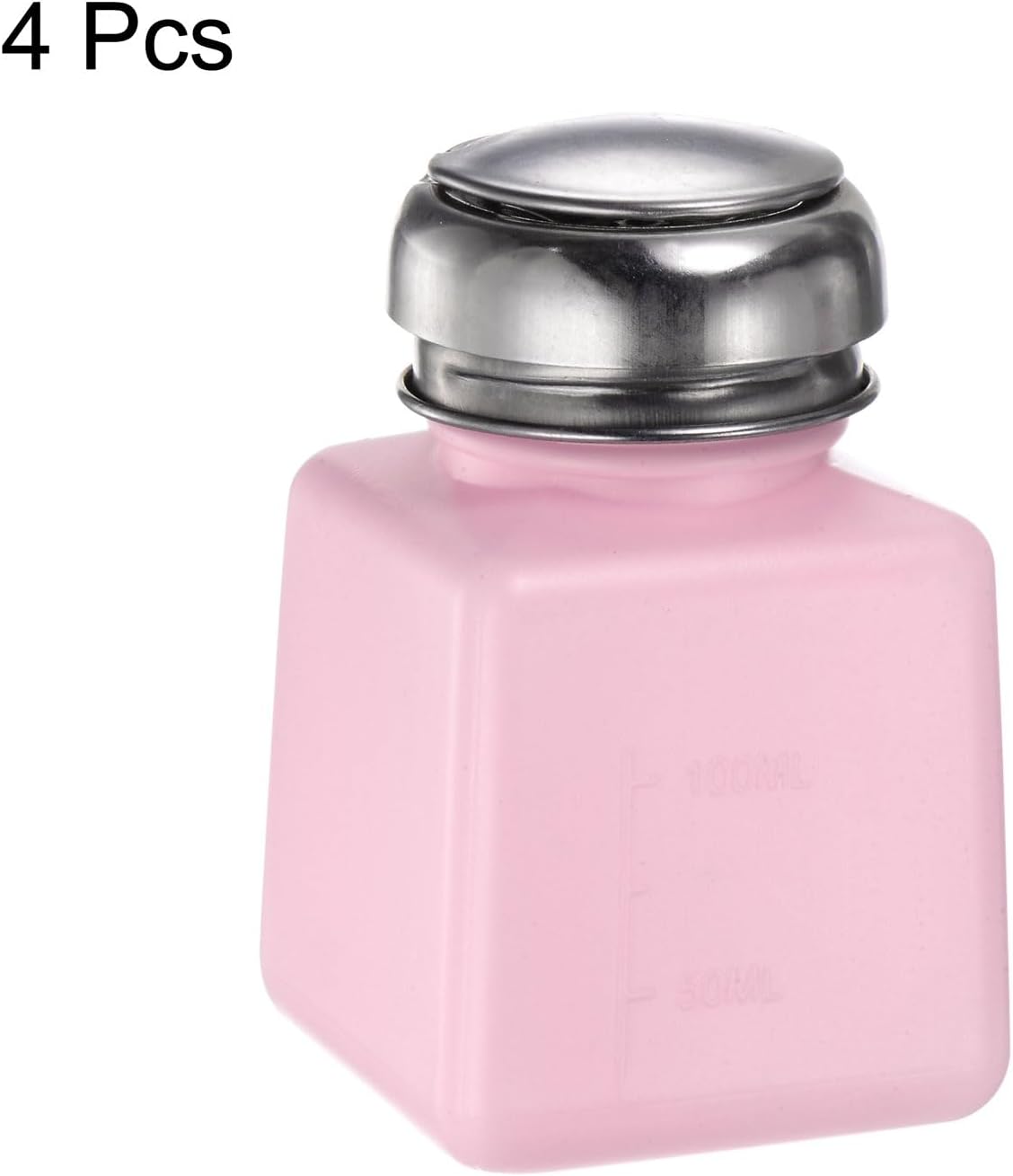 HARFINGTON 4PCS 100ML(3.4oz) Push Down Alcohol Dispenser Pump Liquid Press Empty Bottles Refillable Container for Acetone Cleanser Nail Polish Remover, Pink