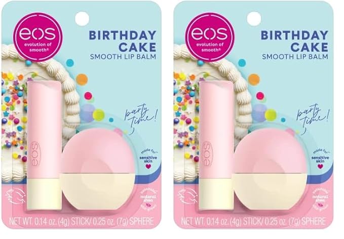 eos Natural Shea Lip Balm- Birthday Cake, All-Day Moisture Lip Care Products, 0.39 oz (Pack of 2)